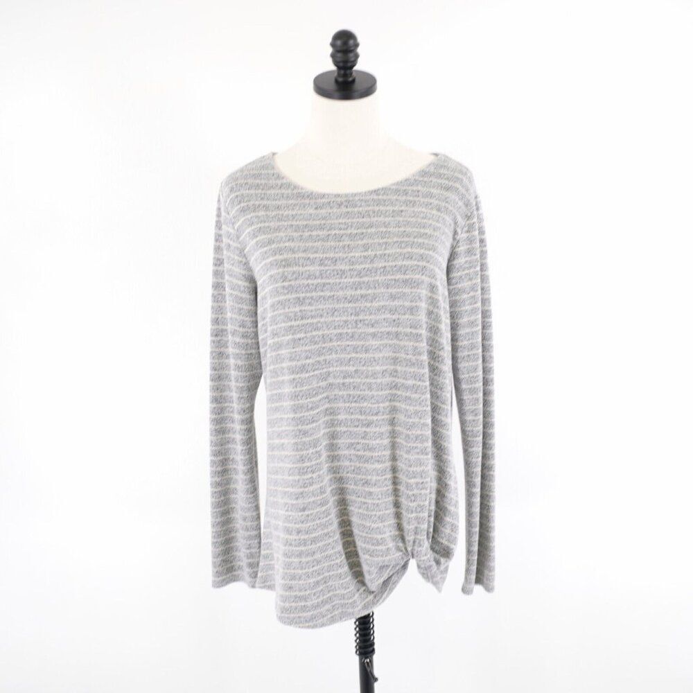 Max & Mia Gray Striped Scoop‎ Neck Front Scrunch Wrap Sweater Medium